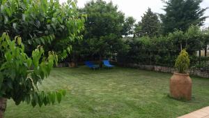 two blue chairs sitting in a yard at El refugio de Sam in Burgos