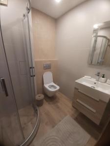 une salle de bains avec douche, toilettes et lavabo dans l'établissement Pirin Golf Cozy Studio, à Razlog 10 autres photos