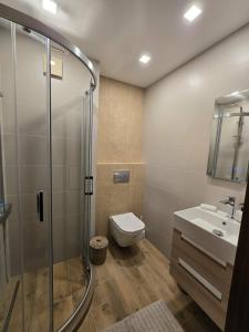 une salle de bains avec douche, toilettes et lavabo dans l'établissement Pirin Golf Cozy Studio, à Razlog
