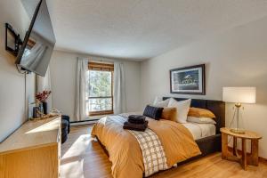 a bedroom with a bed and a flat screen tv at Riverfront Lincoln Condo w/ Patio + Pool Access! in Lincoln +29 photos