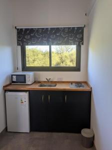 een keuken met een wastafel en een raam met een magnetron bij Posada Abrazo Serrano en Carpintería in Carpintería