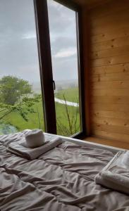 un lit dans une chambre avec une grande fenêtre dans l'établissement Koliba Relax Point, à Potoci