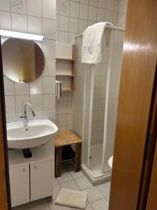 a small bathroom with a sink and a shower at App in Gillersdorf