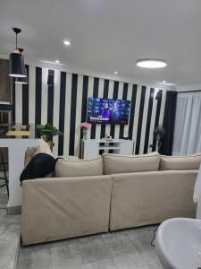 内罗毕The Akenza Cottage的客厅里有一张沙发和一台电视