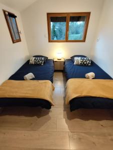 ein Schlafzimmer mit zwei Betten und einem Fenster in der Unterkunft Le chalet de l'amitié in Luché-Pringé