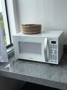 eine Mikrowelle mit einem Korb darauf auf einer Theke in der Unterkunft Studio 218, Lavras, Minas Gerais in Lavras