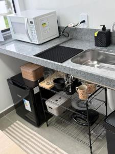eine Küchentheke mit Spüle und Mikrowelle in der Unterkunft Studio 218, Lavras, Minas Gerais in Lavras