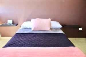 een slaapkamer met een bed met een roze kussen erop bij CASA LIZ & FER in Zacatlán