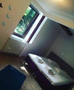 シビウにあるApartament Central Mumaのベッドと窓が備わる小さな客室です。