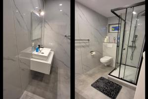 a bathroom with a shower and a sink and a toilet at Finkenwerder Ferienwohnung Larisa's Nr 23 in Hamburg