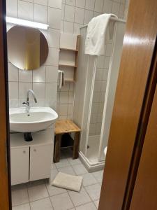 ein kleines Badezimmer mit Waschbecken und Dusche in der Unterkunft Apartement 2 Zur alten Press in Jennersdorf + 1 Foto