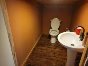 a bathroom with a toilet and a sink at Boulderwoods Cabin in Speedwell