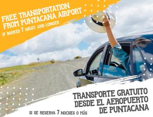 een flyer voor gratis vervoer vanaf de luchthaven Punjabarmaarma bij TRUECOST at SOL CARIBE playa Los Corales in Punta Cana