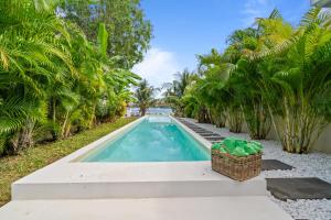 a swimming pool in a yard with palm trees at Casa Blanca in La Trinité