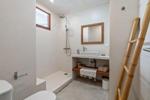 a bathroom with a sink and a toilet and a mirror at Casa Blanca in La Trinité +25 photos