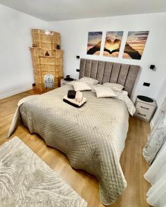 En eller flere senge i et værelse på Cameră dublă cu baie privată externă