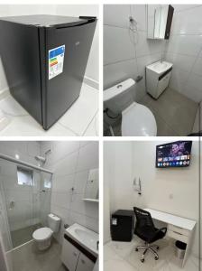 three pictures of a bathroom with a toilet and a sink at HOTEL e POUSADA KF in Irapuá +2 photos