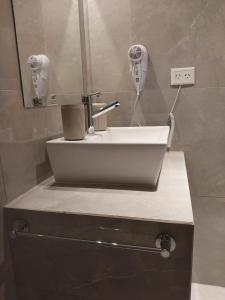 een wastafel in de badkamer met een föhn en een spiegel bij Apart Stay in El Calafate