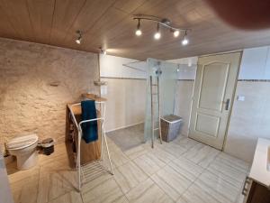 e bagno con doccia, servizi igienici e scala. di Loft a Aujeurres