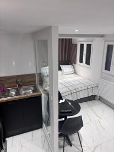 a bedroom with a bed and a sink and a desk at corly1 in Vétraz-Monthoux