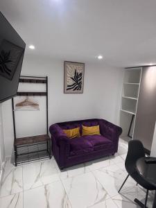 a living room with a purple couch and a tv at corly1 in Vétraz-Monthoux