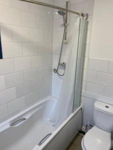 ein Badezimmer mit Badewanne, Toilette und Dusche in der Unterkunft Duncan - 2Bdrm Sleeps 5 Good for Contractors in Gateshead