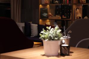 a table with a potted plant on top of it at Campanile Shanghai Bund Hotel in Shanghai