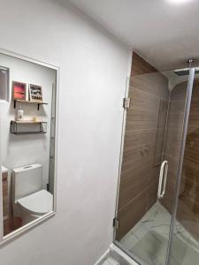 a bathroom with a toilet and a glass shower stall at Depto planta baja Cuautitlán izcalli in Cuautitlán Izcalli
