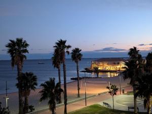 une vue d'une plage avec des palmiers et une maison dans l'établissement La Bella Vista - appartement classé 2 étoiles, à Mèze