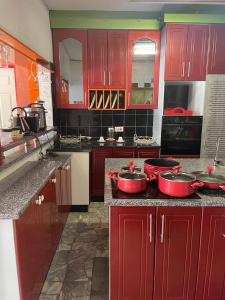 Eine Küche mit roten Schränken und roten Töpfen auf der Arbeitsplatte in der Unterkunft Ngami Gates Boutiqúe Guesthouse in Maun + 23 Fotos