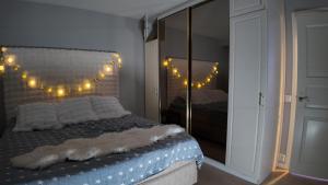 een slaapkamer met een bed met verlichting bij Arctic Luxe Retreat in Rovaniemi
