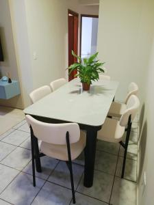 a dining room table with white chairs and a plant at Quarto no centro de Foz do Iguaçu in Foz do Iguaçu