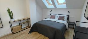 a bedroom with a large bed and a skylight at Wilga House 1 in Piła