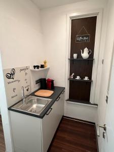 a small kitchen with a sink and a counter at Private Spa Suite bei Heilbronn - Romantik, Wellness & absolute Privatsphäre in Massenbachhausen