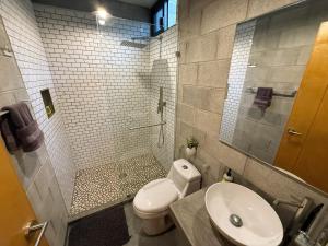 a bathroom with a toilet and a sink and a mirror at Santas y Santos in Todos Santos