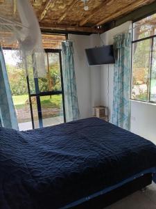 伊察Casa rústica的带一张床和两扇窗户的卧室