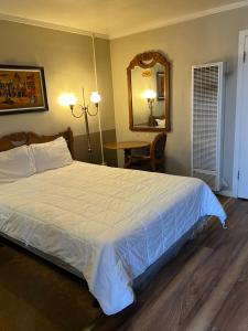 una camera con letto, specchio e tavolo di Lariat Motel a Sparks