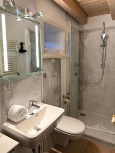 ein Badezimmer mit Waschbecken, Toilette und Dusche in der Unterkunft Bi de ual Möhl in Boldixum + 15 Fotos