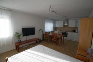 un soggiorno con un letto e una cucina di BodenseeLicht Studio Tettnang a Tettnang