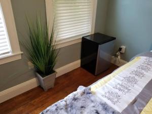 a bedroom with a bed and a plant next to a window at Casa Castor • Private Room 2 in Chelsea