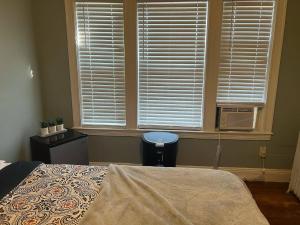 a bedroom with a bed and a window with a fan at Casa Castor • Private Room 2 in Chelsea