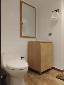 a bathroom with a white toilet and a mirror at Majestic Hotel in Ipiales +32 photos
