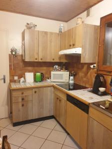 a kitchen with wooden cabinets and a white microwave at Logement du Bois de Chaubon in Fillinges