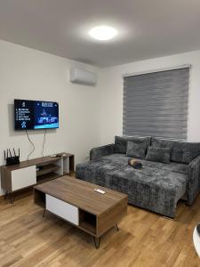 een woonkamer met een bank en een tafel bij Apartman 2937 in Podgorica