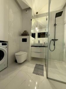 een badkamer met douche, toilet en wastafel bij Apartament Jurowiecka 17 in Białystok +19 foto's