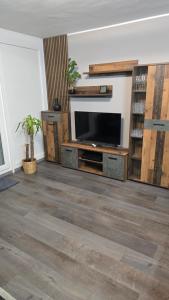 a living room with a flat screen tv and a entertainment center at WaldLoft in Todtmoos