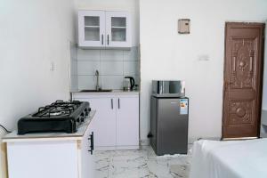 a small kitchen with a stove and a sink at One minute to Victoria Mall & 8 minutes to Entebbe airport in Entebbe