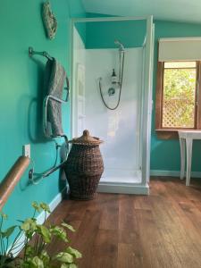 ein Badezimmer mit Dusche und einer Vase auf dem Boden in der Unterkunft Quaint Country Cottage  + 8 Fotos