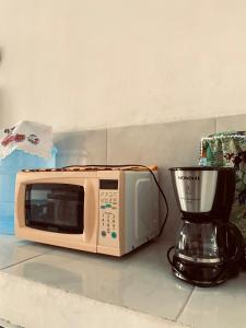 a microwave sitting on a counter next to a blender at Casa no coração de Areia in Areia