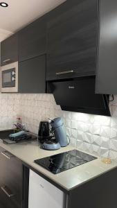 una cucina con piano cottura e mobili neri di Chouette t2 Aiguebelle a Randens